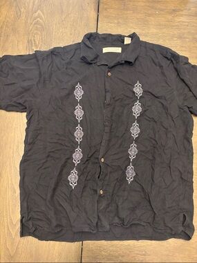 Island Republic Black Short-Sleeve Button-Down with White Embroidery